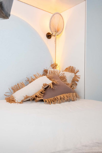 Bohem Rafya Püsküllü Doğal Kumaş Kırlent Kılıfı Bej 25x50 cm