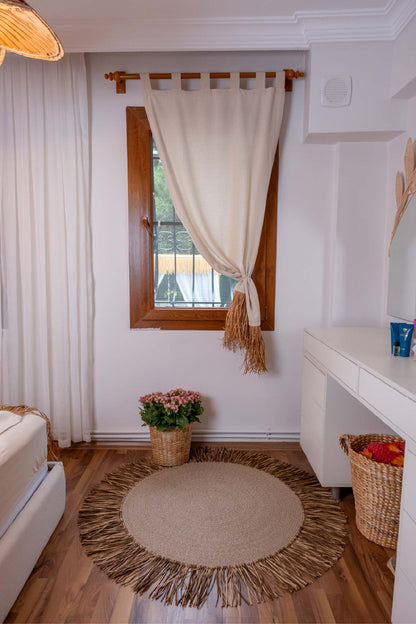 Bohem Rafya Püsküllü Doğal Kumaş Perde Bej 95x140 cm