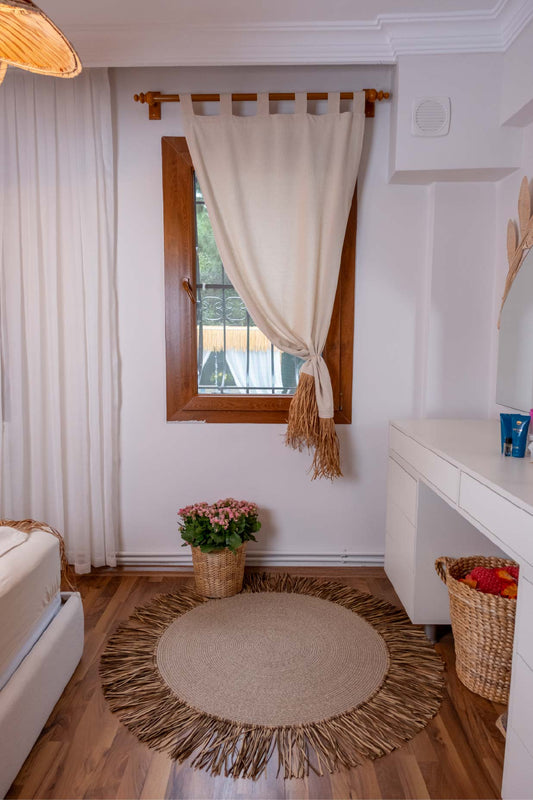 Bohem Rafya Püsküllü Doğal Kumaş Perde Bej 95x140 cm