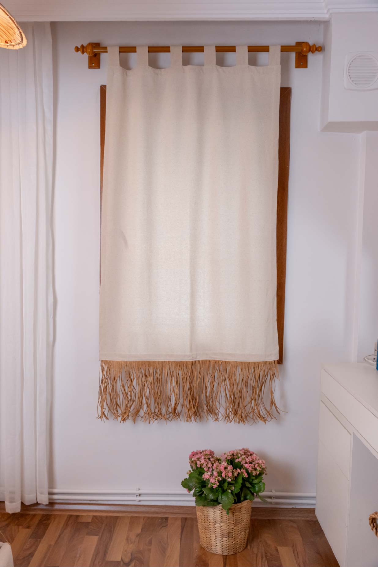 Bohem Rafya Püsküllü Doğal Kumaş Perde Bej 95x140 cm