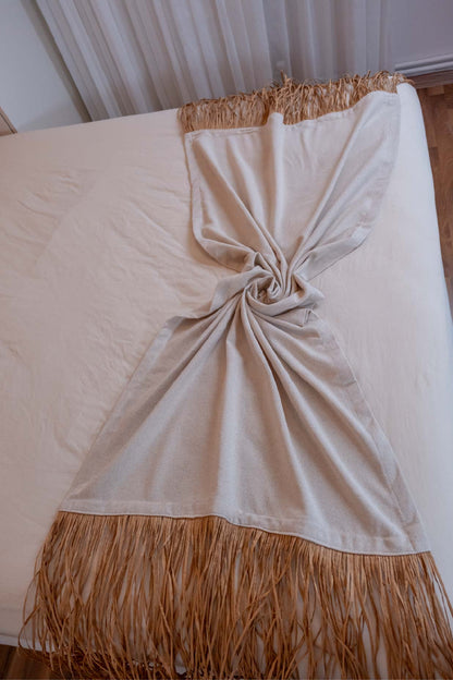 Bohem Rafya Püsküllü Doğal Kumaş Yatak-Koltuk Şalı 80x160 cm