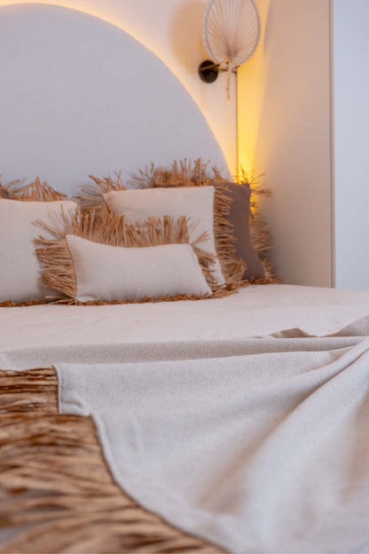 Bohem Rafya Püsküllü Doğal Kumaş Yatak-Koltuk Şalı 80x160 cm