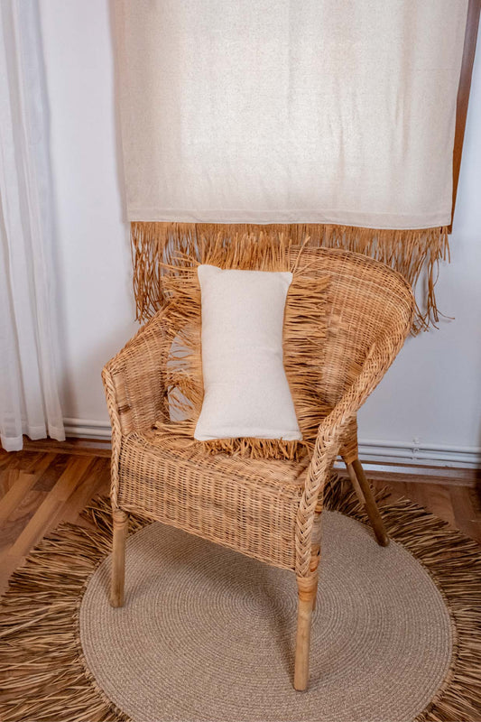 Bohem Rafya Püsküllü Doğal Kumaş Kırlent Kılıfı Bej 25x50 cm