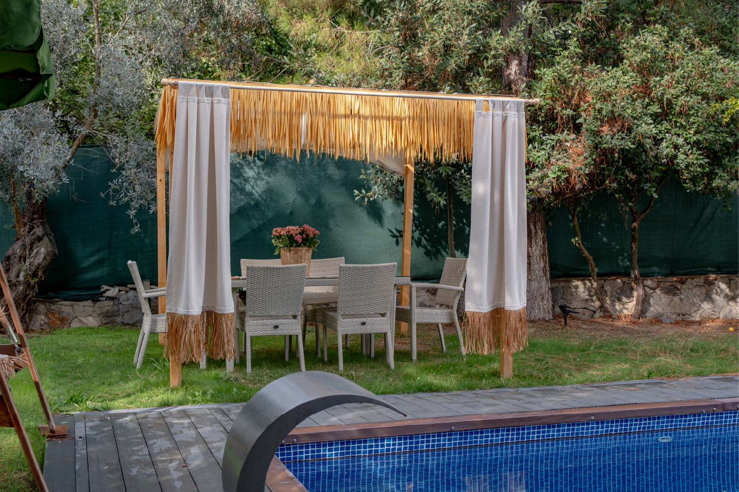 Bohem Rafya Püsküllü Doğal Kumaş Perde Bej 95x140 cm