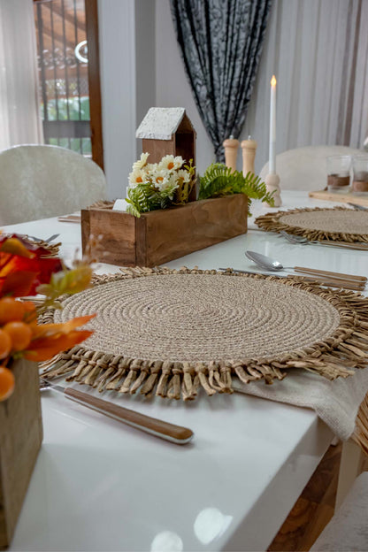 Bohem Rafya Püsküllü El Yapımı Jüt Supla Krem 30cm