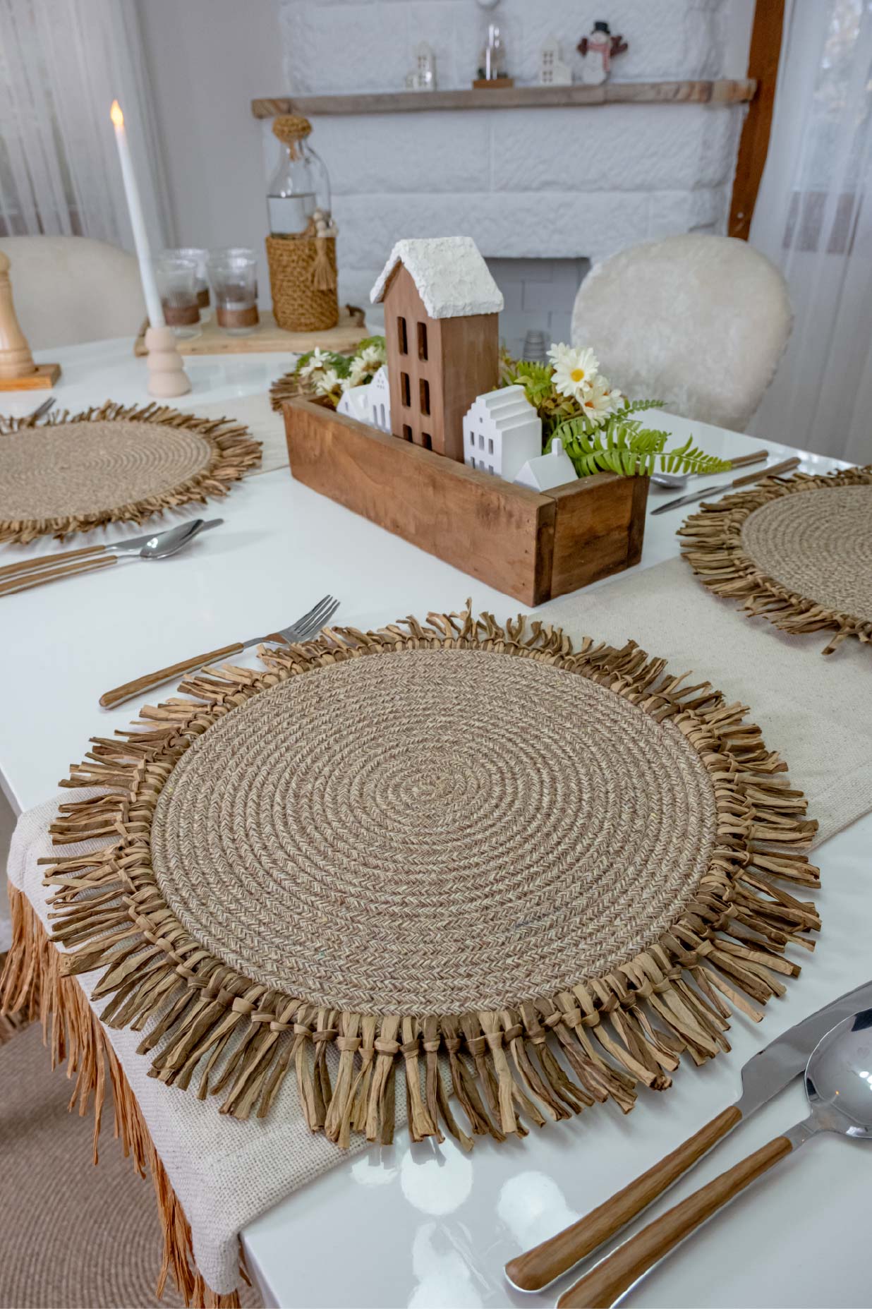 Bohem Rafya Püsküllü El Yapımı Jüt Supla Krem 30cm