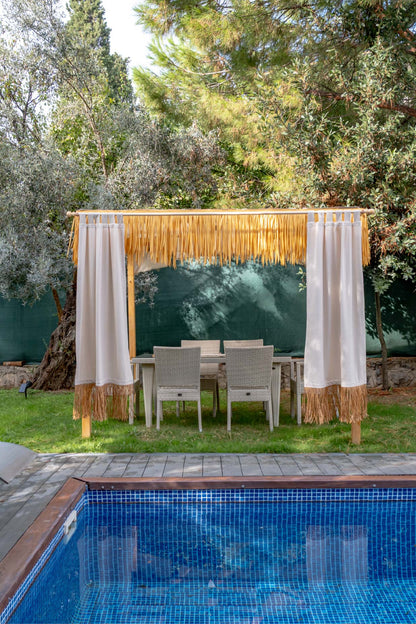 Bohem Rafya Püsküllü Doğal Kumaş Perde Bej 95x140 cm