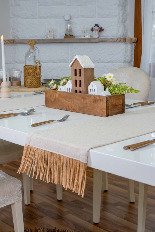 Bohem Rafya Püsküllü Doğal Kumaş Runner Bej 30x100 cm