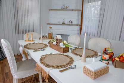 Bohem Rafya Püsküllü Doğal Kumaş Runner Bej 30x100 cm