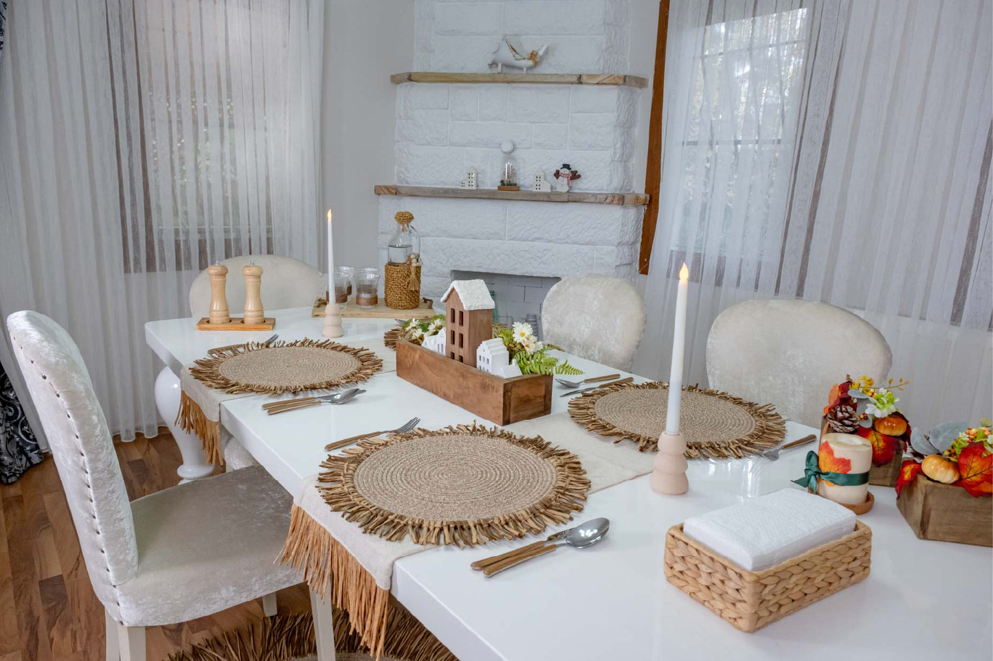 Bohem Rafya Püsküllü El Yapımı Jüt Supla Krem 30cm