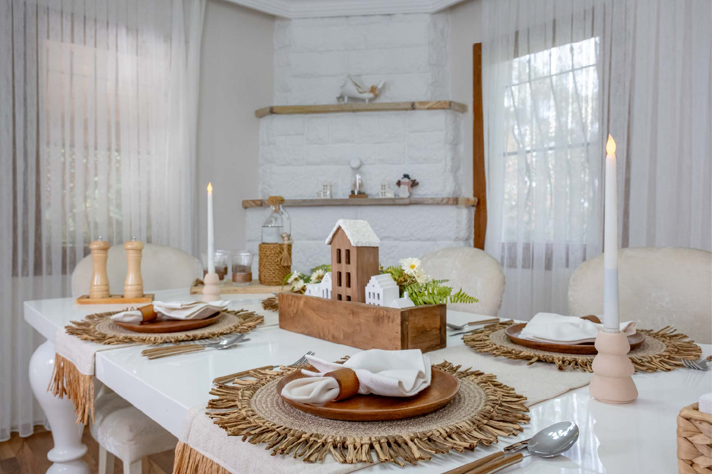 Bohem Rafya Püsküllü Doğal Kumaş Runner Bej 30x100 cm