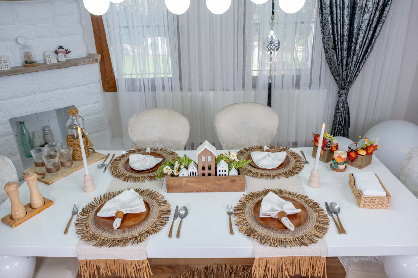 Bohem Rafya Püsküllü Doğal Kumaş Runner Bej 30x100 cm