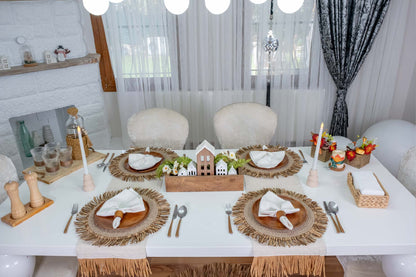 Bohem Rafya Püsküllü Doğal Kumaş Runner Bej 30x100 cm