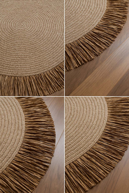 Bohem Rafya Püsküllü El Yapımı Jüt Paspas Halı Krem 90cm