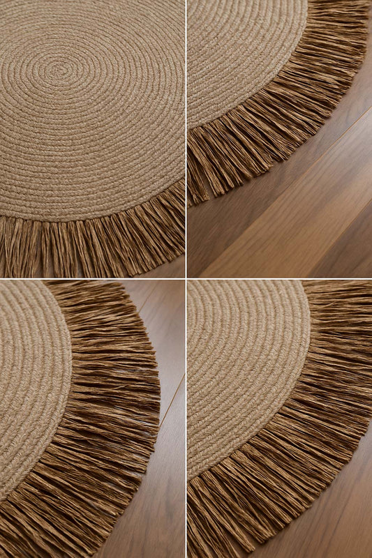 Bohem Rafya Püsküllü El Yapımı Jüt Paspas Halı Krem 90cm