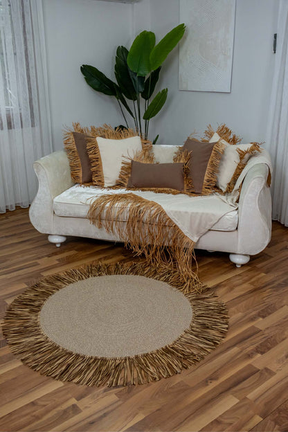 Bohem Rafya Püsküllü El Yapımı Jüt Paspas Halı Krem 90cm