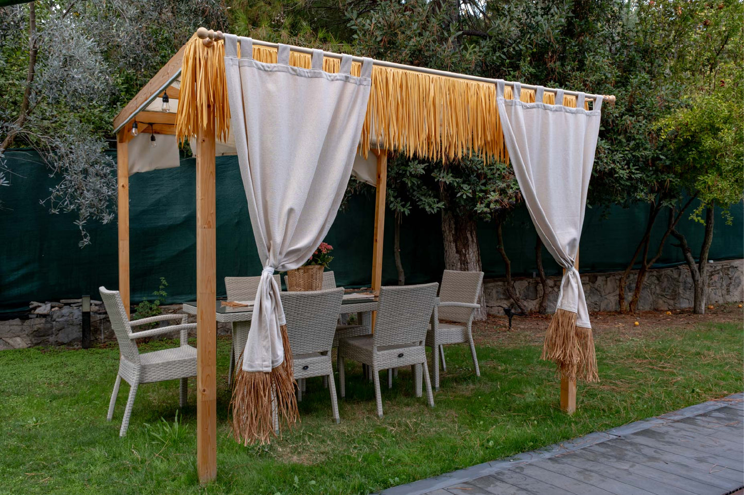 Bohem Rafya Püsküllü Doğal Kumaş Perde Bej 95x140 cm