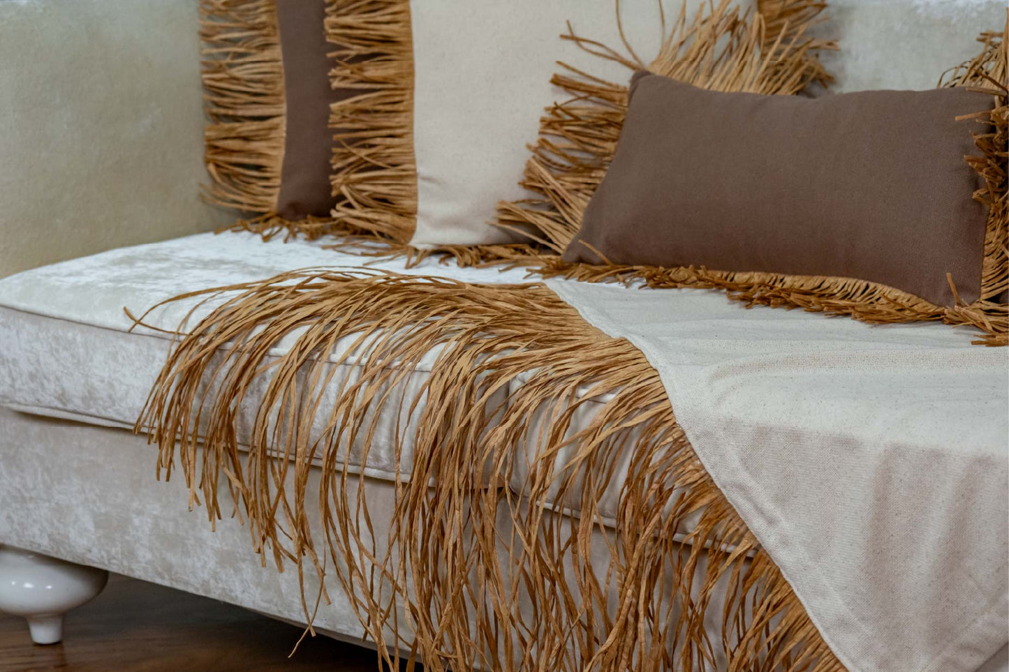 Bohem Rafya Püsküllü Doğal Kumaş Yatak-Koltuk Şalı 80x160 cm