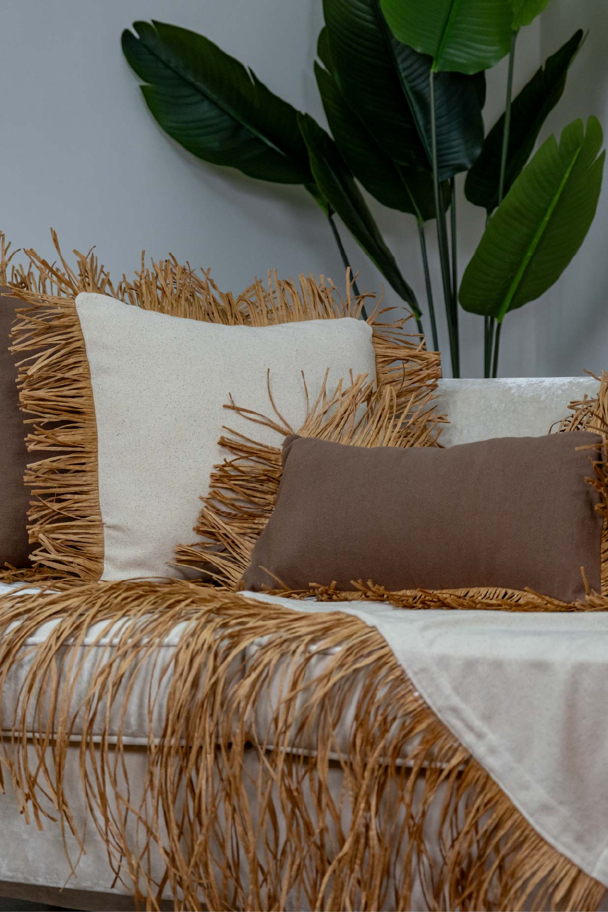 Bohem Rafya Püsküllü Doğal Kumaş Yatak-Koltuk Şalı 80x160 cm