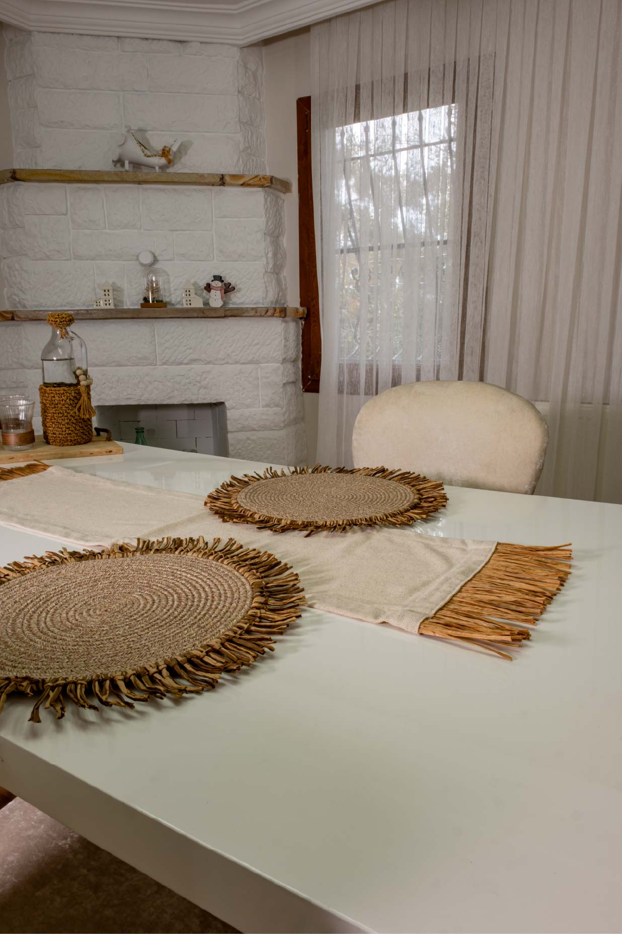 Bohem Rafya Püsküllü Doğal Kumaş Runner Bej 30x100 cm