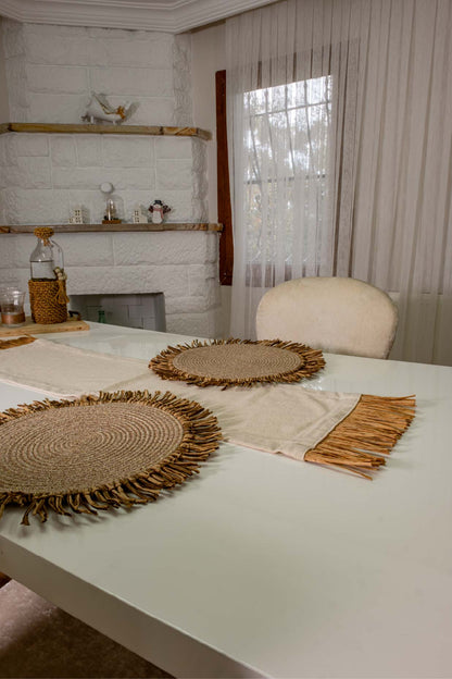 Bohem Rafya Püsküllü Doğal Kumaş Runner Bej 30x100 cm