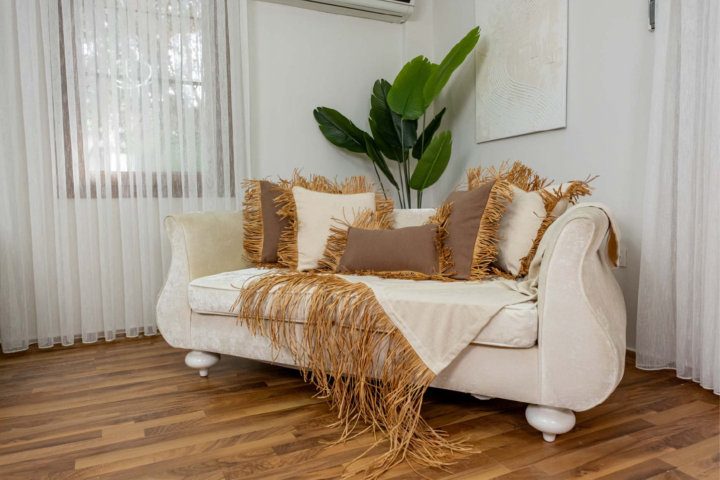 Bohem Rafya Püsküllü Doğal Kumaş Kırlent Kılıfı Kahve 25x50 cm