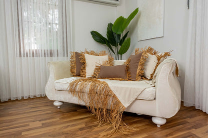 Bohem Rafya Püsküllü Doğal Kumaş Kırlent Kılıfı Kahve 25x50 cm