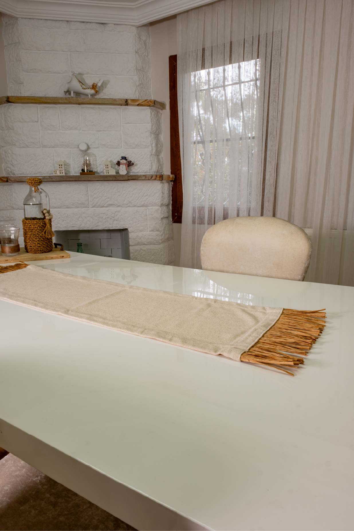 Bohem Rafya Püsküllü Doğal Kumaş Runner Bej 30x100 cm