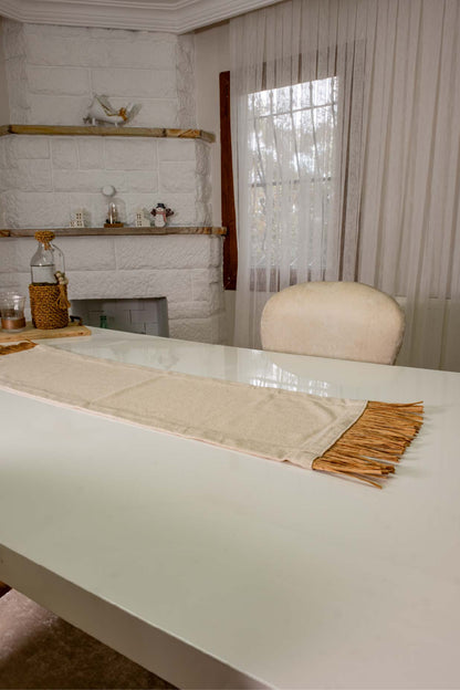 Bohem Rafya Püsküllü Doğal Kumaş Runner Bej 30x100 cm