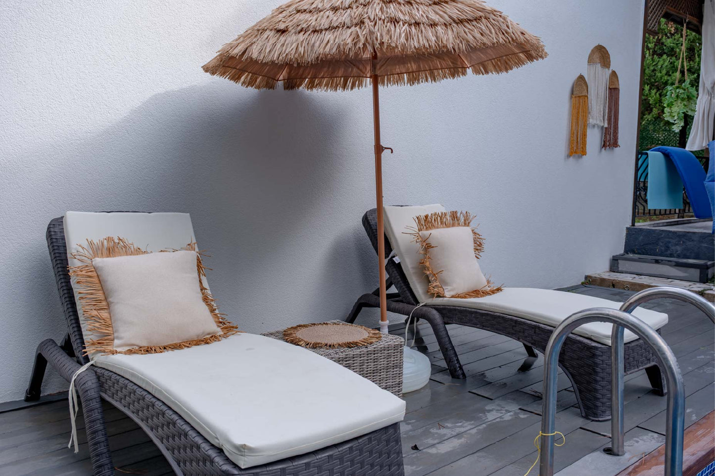 Bohem Rafya Püsküllü Doğal Kumaş Kırlent Kılıfı Bej 45x45 cm