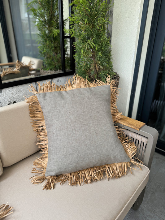 Brown Linen Cushions With Raffia Tassels 45*45cm