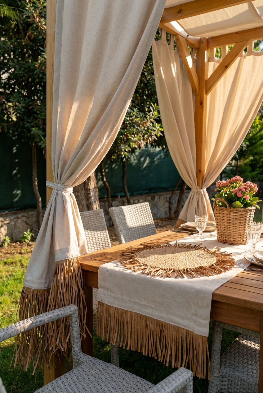 Bohem Rafya Püsküllü El Yapımı Jüt Supla Krem 30cm