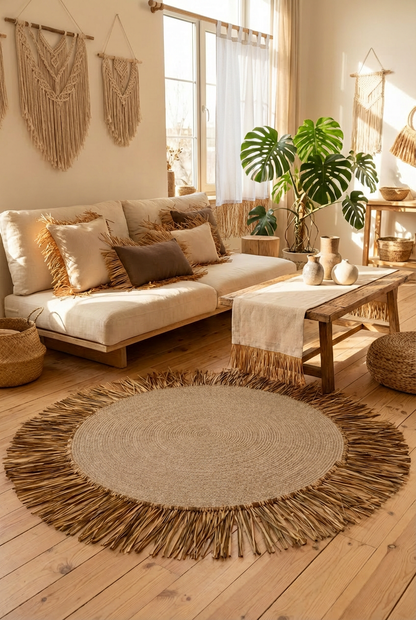 Bohem Rafya Püsküllü El Yapımı Jüt Paspas Halı Krem 90cm