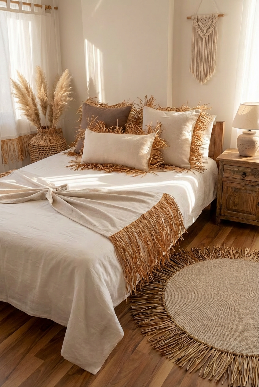 Bohem Rafya Püsküllü Doğal Kumaş Yatak-Koltuk Şalı 80x160 cm