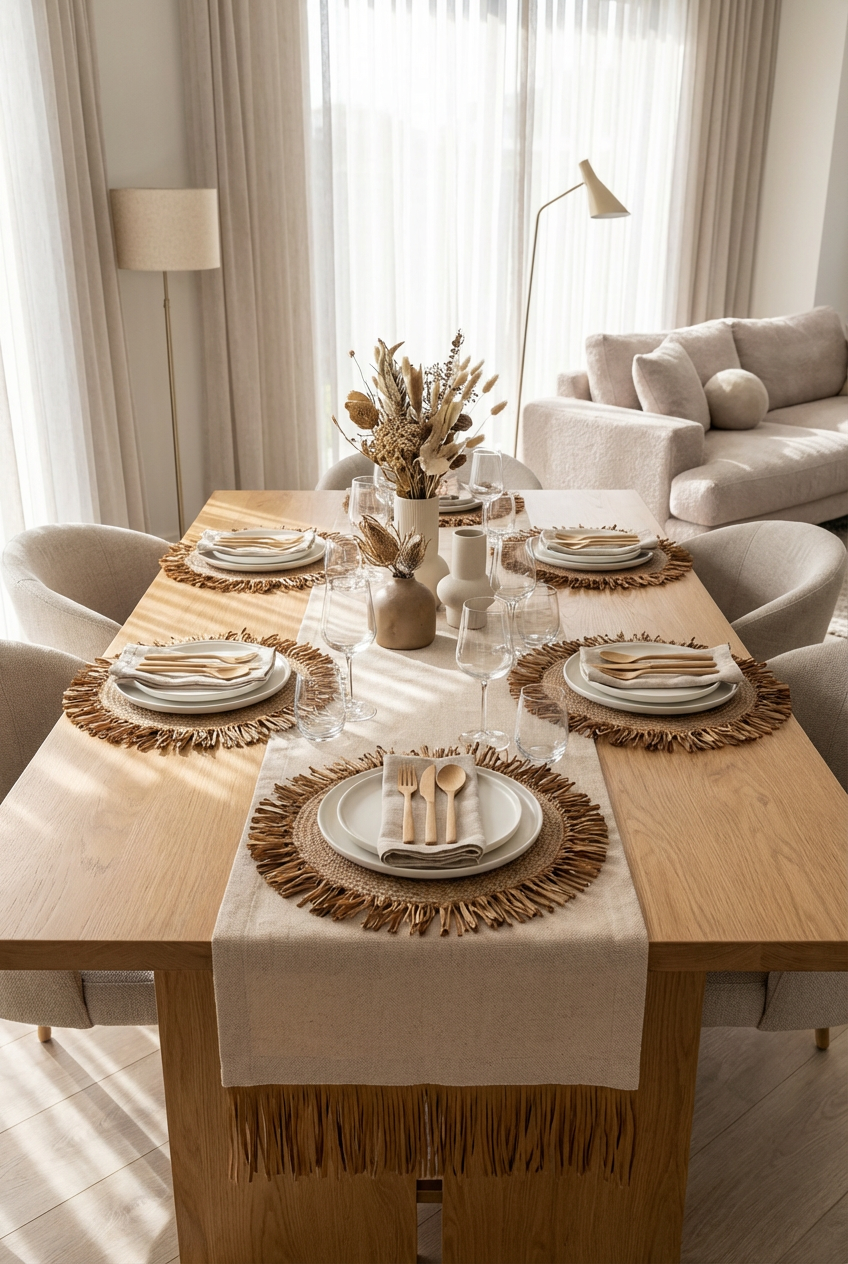 Bohem Rafya Püsküllü Doğal Kumaş Runner Bej 30x100 cm