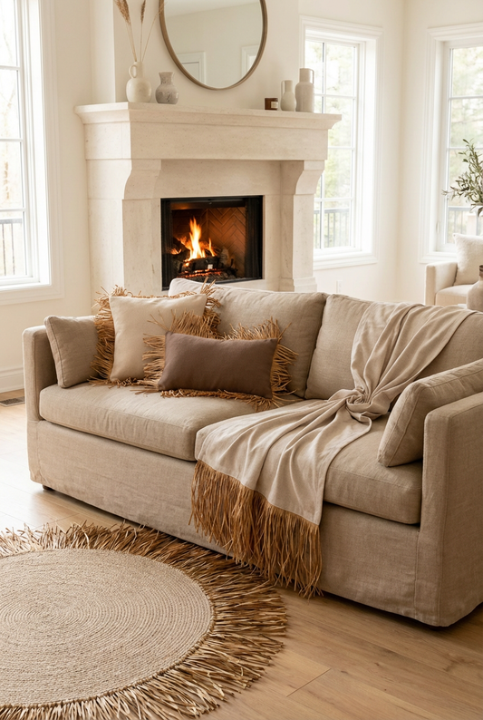 Bohem Rafya Püsküllü Doğal Kumaş Kırlent Kılıfı Kahve 25x50 cm