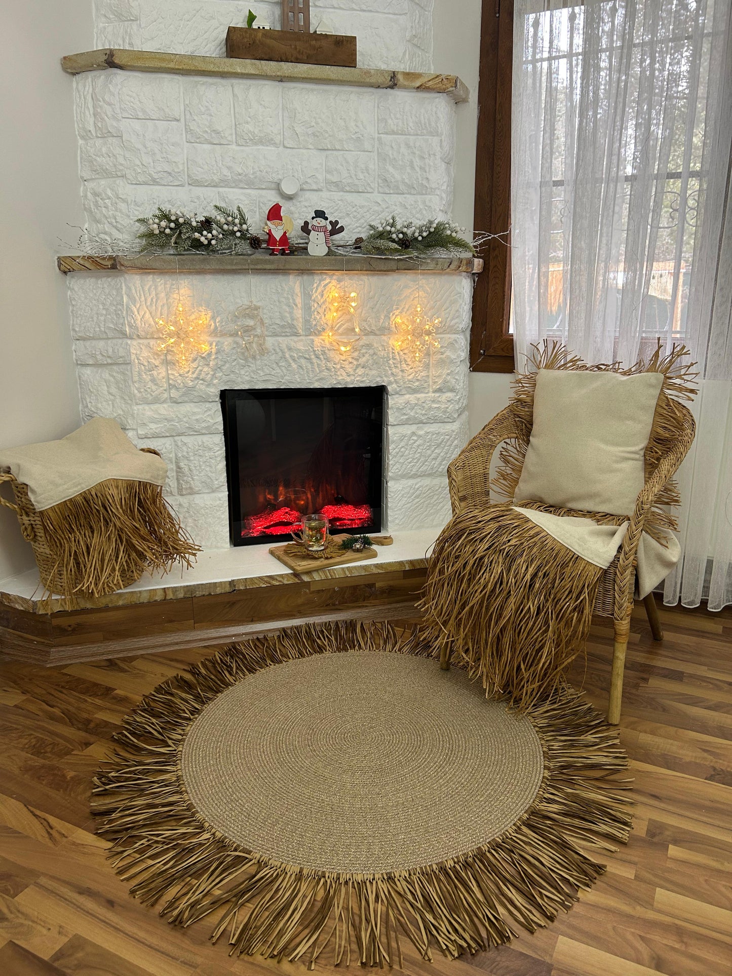 Bohem Rafya Püsküllü El Yapımı Jüt Paspas Halı Krem 90cm