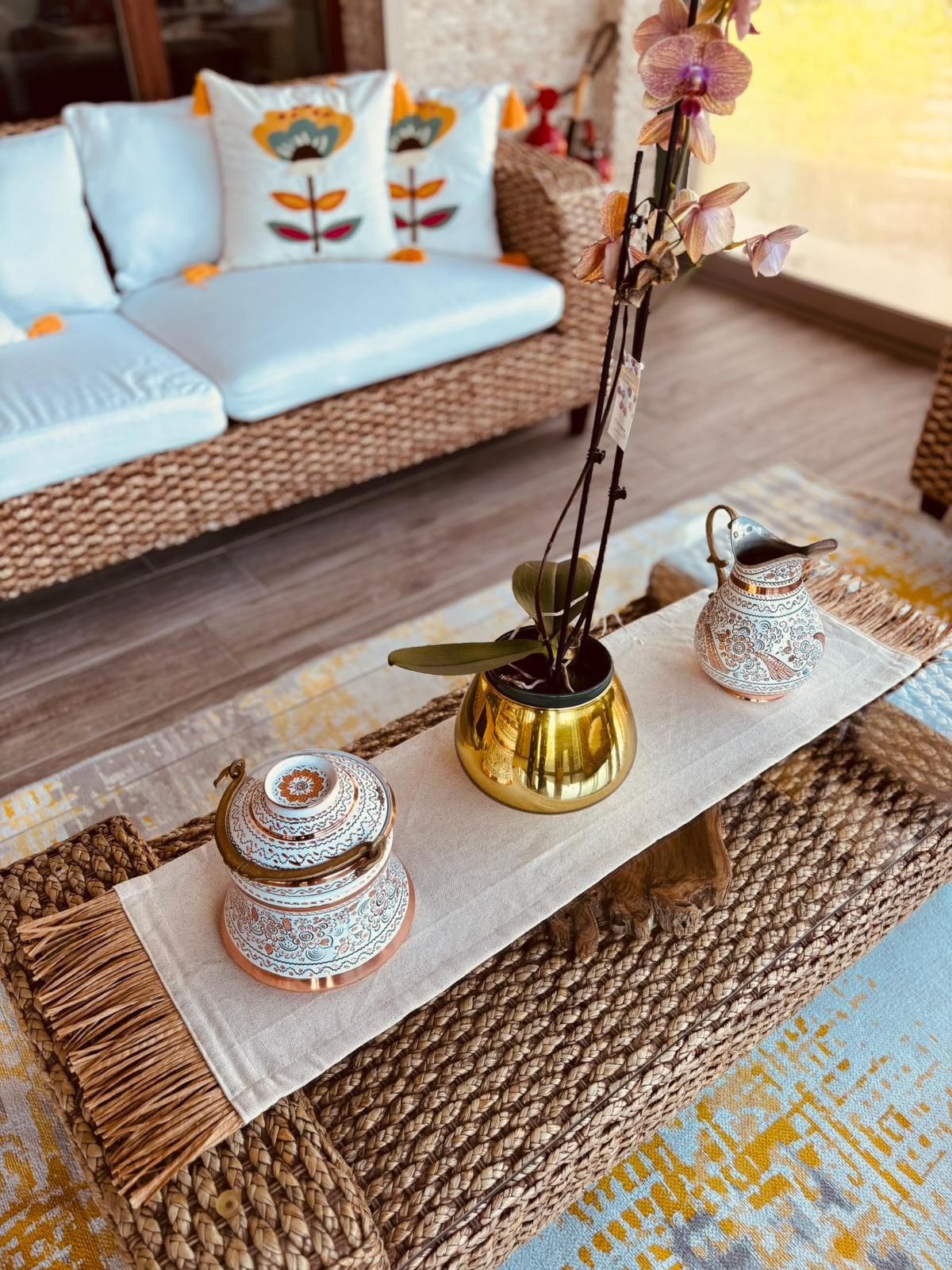 Bohem Rafya Püsküllü Doğal Kumaş Runner Bej 30x100 cm