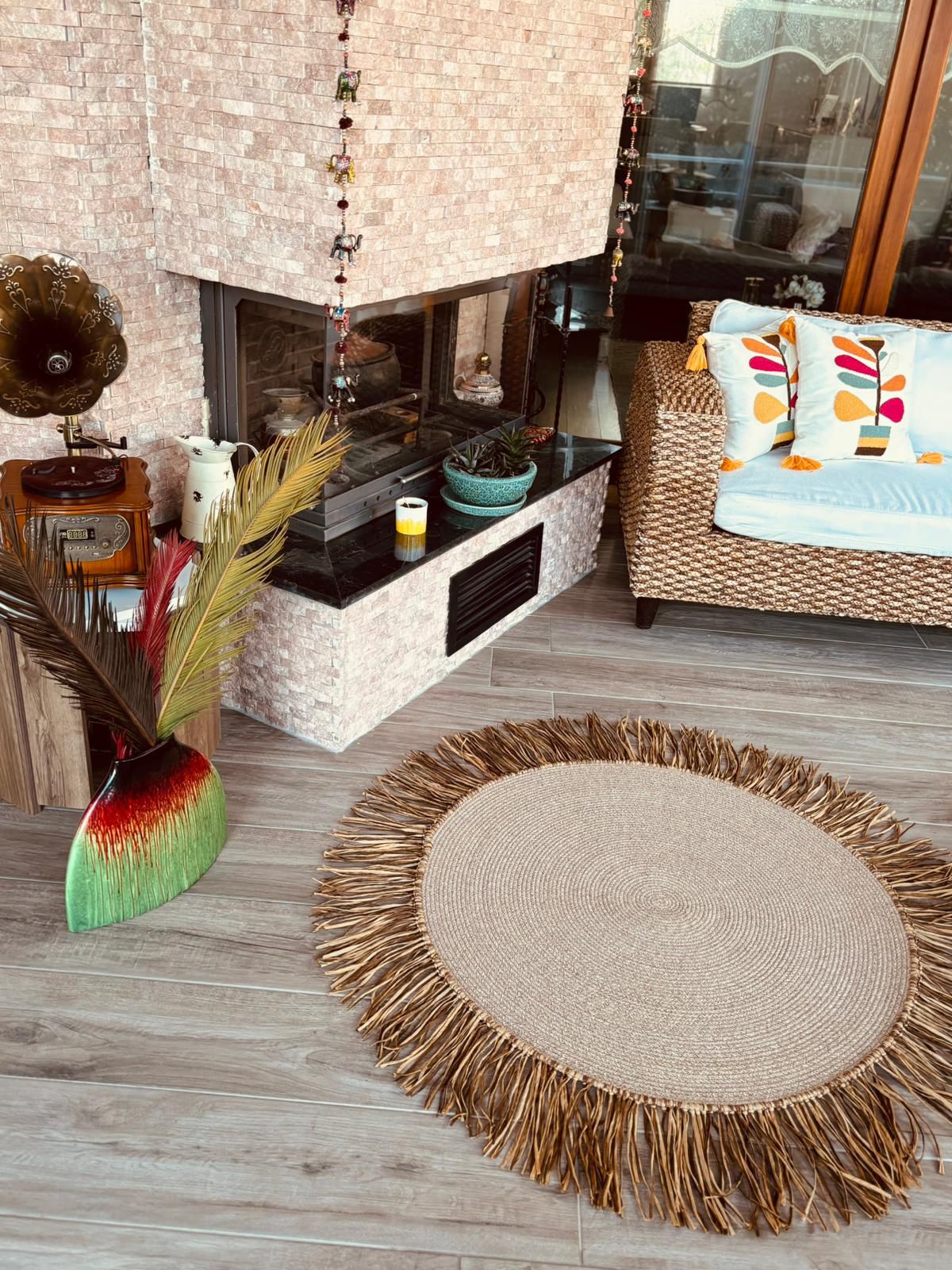 Bohem Rafya Püsküllü El Yapımı Jüt Paspas Halı Krem 90cm