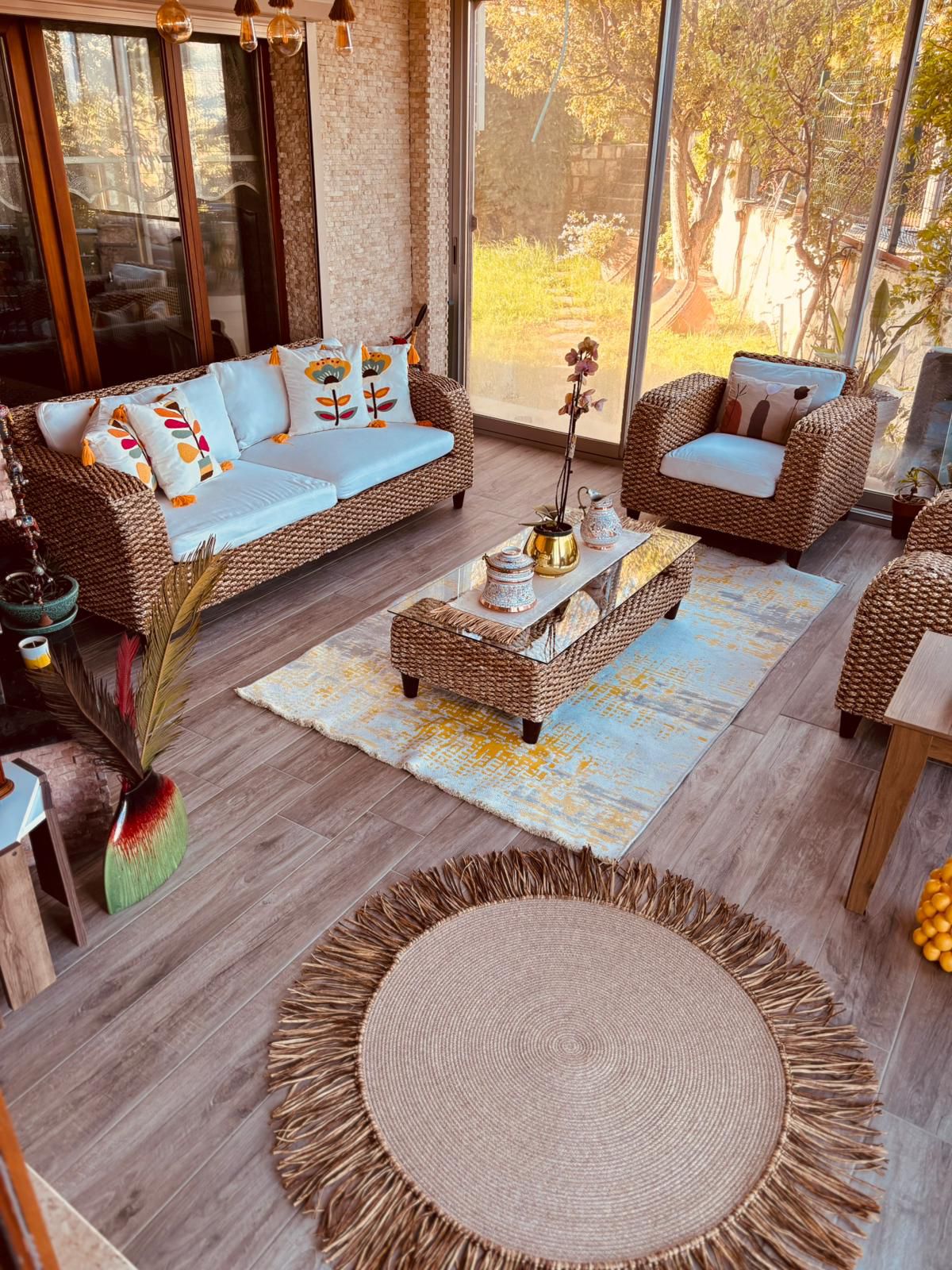 Bohem Rafya Püsküllü El Yapımı Jüt Paspas Halı Krem 90cm