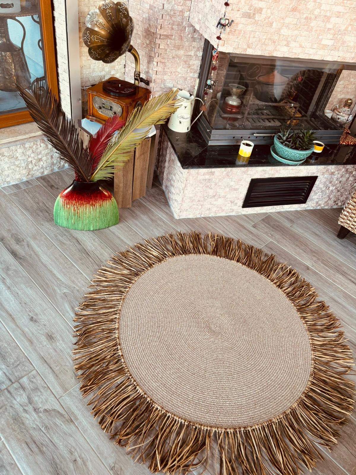 Bohem Rafya Püsküllü El Yapımı Jüt Paspas Halı Krem 90cm