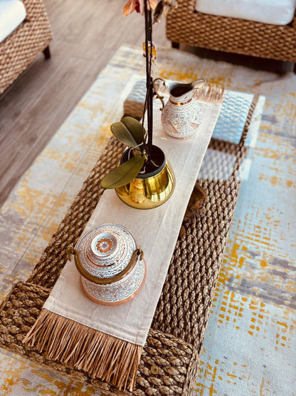 Bohem Rafya Püsküllü Doğal Kumaş Runner Bej 30x100 cm