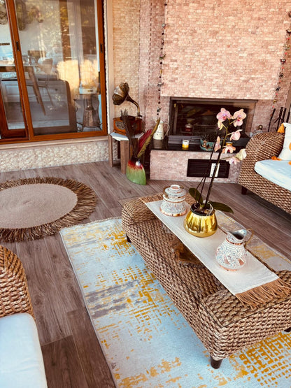 Bohem Rafya Püsküllü Doğal Kumaş Runner Bej 30x100 cm